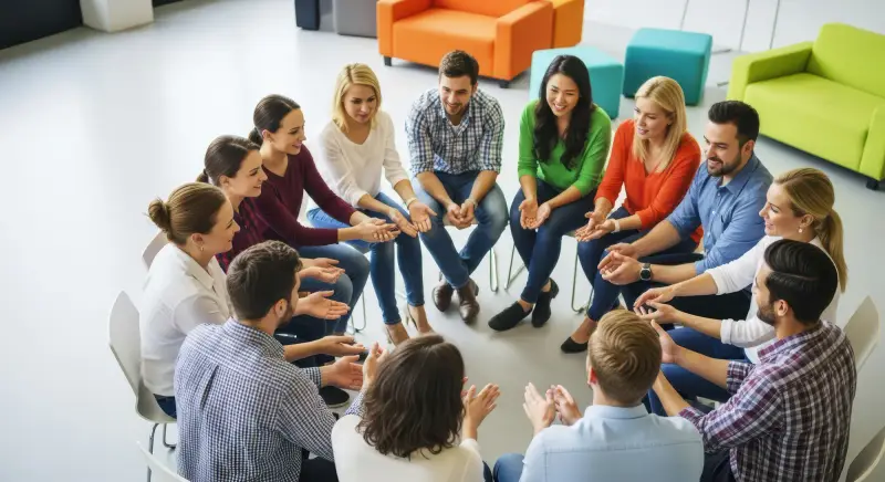 Eine Gruppe sitzt im Stuhlkreis und reflektiert eine Übung